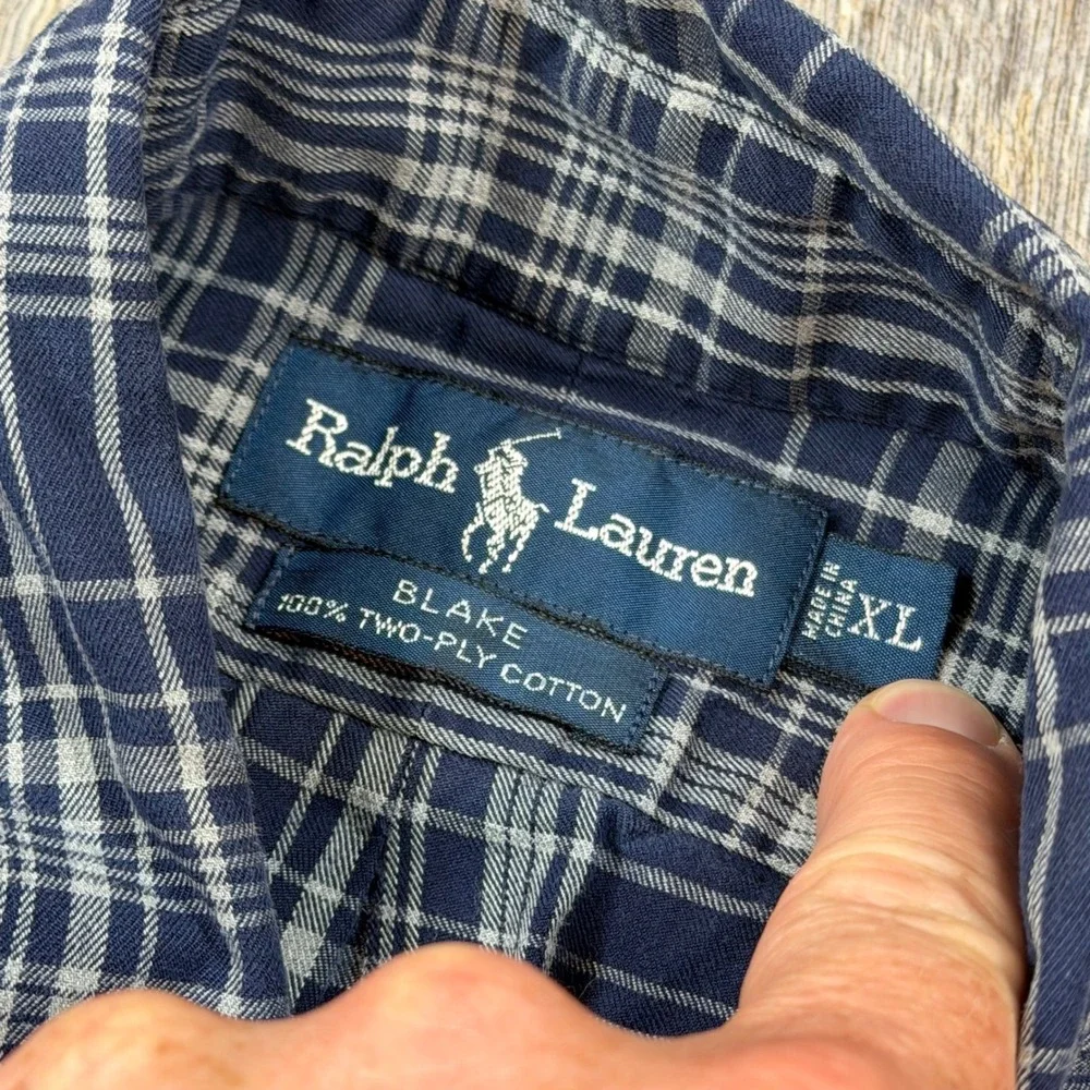 Polo Ralph Lauren Blake Mens XL Navy Blue Plaid Two-Ply Cotton Button Down Shirt